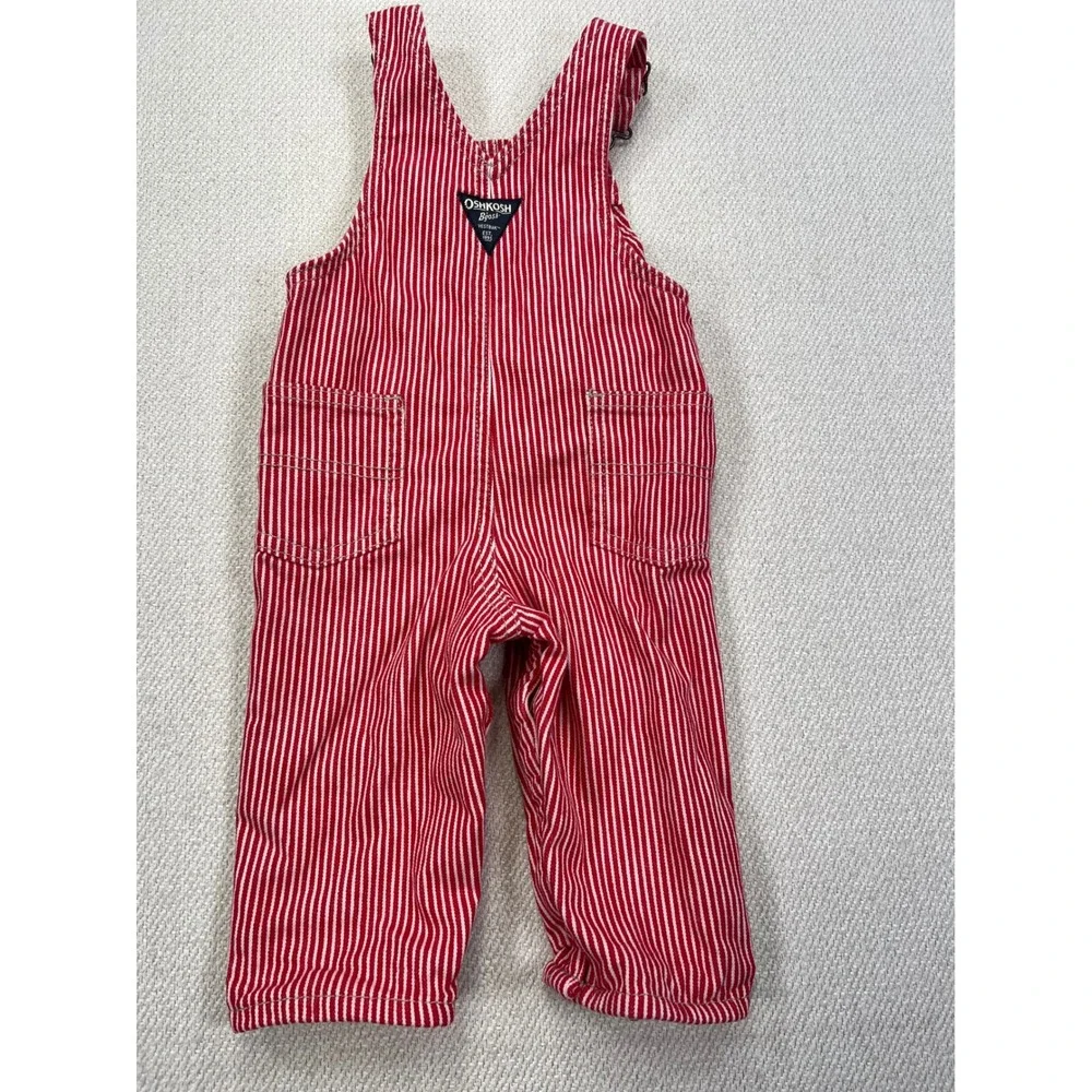 OshKosh B'gosh Overalls Kids 12m Red White Hickory Stripe Jersey Lined Dungarees